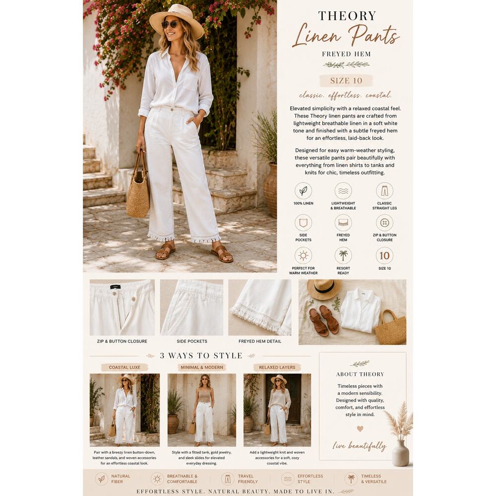 Theory Linen Pants Freyed Hem SZ10 Classic Coastal Classic Natural
